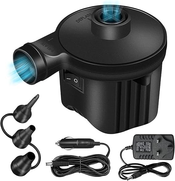 Electric Air Pump, 2 in 1 Portable Home/Car Use Electric Pumps for Quick Inflator Deflator with 3 Nozzles, Camping Air Pumps AC 240V/DC 12V for Inflatable Air Mattress Yoga Ball Paddling Pools Toys