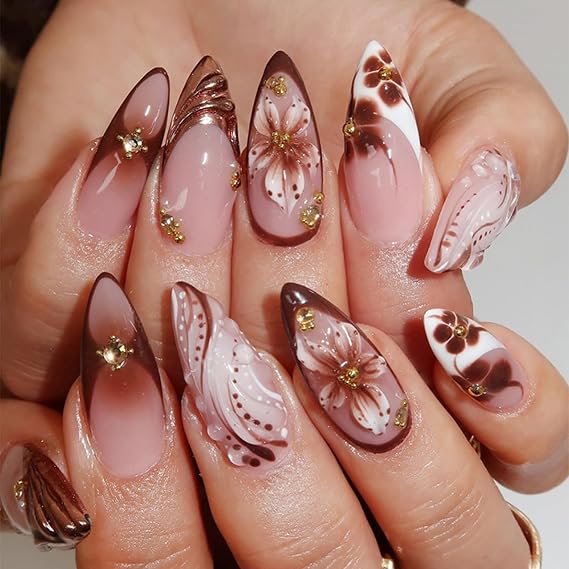 24Pcs False Nails Almond - Caramel Amber French Tip False Nails with Golden 3D Pattern Flower Design - Full Cover Acrylic Stick on Nails, 12 Sizes Reusable Press on Nails for Women Nail Art