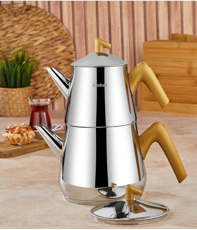 Cooker Modern Bumerang Aile Boy Paslanmaz Çelik 1.4-2.7 Lt. Çaydanlık Takımı, Bej