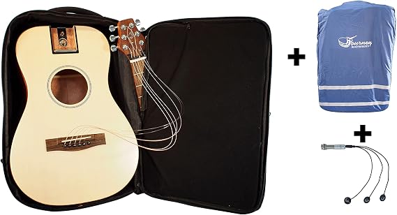 Journey Instruments Solid Sitka Travel Guitar 3 Pack – PJ410N Traveler Acoustic Guitar includes Pickup and Rain Cover with Collapsible Patented System – Portable Backpack Case (African Mahogany)