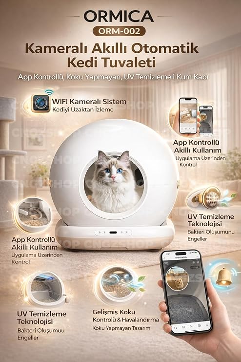 ORM-002 Kameralı Akıllı Otomatik Kedi Tuvaleti, App Kontrollü, UV Temizlemeli, Çok Renkli
