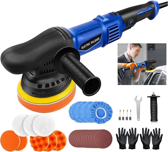 Dual Action Car Polisher Orbital Polishing Machine DA Buffer Sander & 6" Wax Pad, 6 Speed, with 13pcs 5-Inch Polishing Pads and 12 Sandpapers