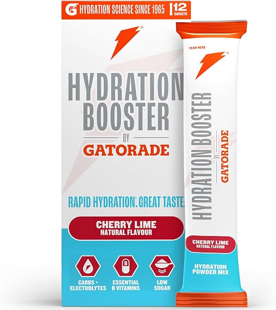 Hydration Booster by Gatorade Carbohydrate-Electrolyte Sachets - Hydration Powder Drink Mix with Carbohydrates, Electrolytes and B Vitamins (Cherry Lime, 12 Servings)