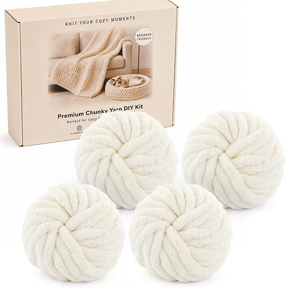 Chunky Chenille Yarn 4 Pack Gift Box, Approx 1kg/108m, Cream White