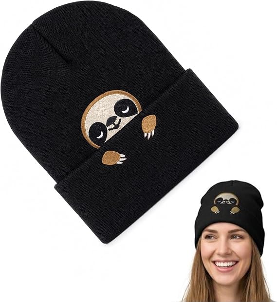 Sloth Beanie Hat, Black Crochet Beanie Hats for Women
