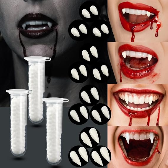 Vampire Teeth、12ペア 4サイズ 吸血鬼の牙 3つの歯の接着剤付き ハロウィンホラー入れ歯 入れ歯