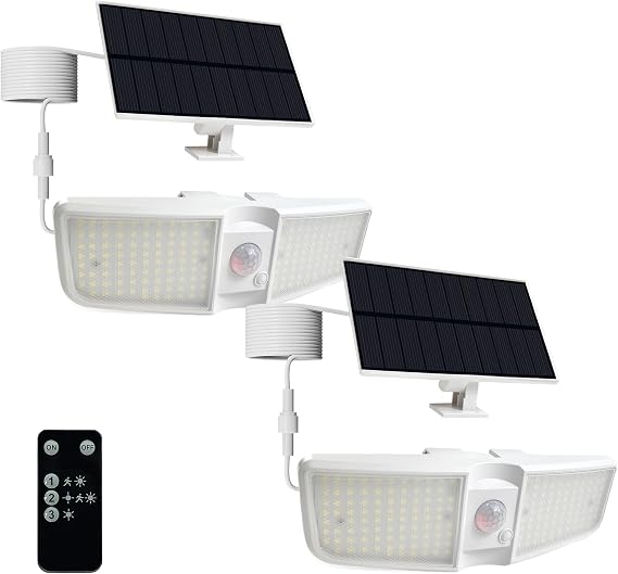 Solar Motion Sensor Outdoor Floodlights 6500K with Remote Control, 180 LED Waterproof,Solar Security Outdoor Light with IP65 for Wall Porch Barn Patio Garage, White 2-PCS