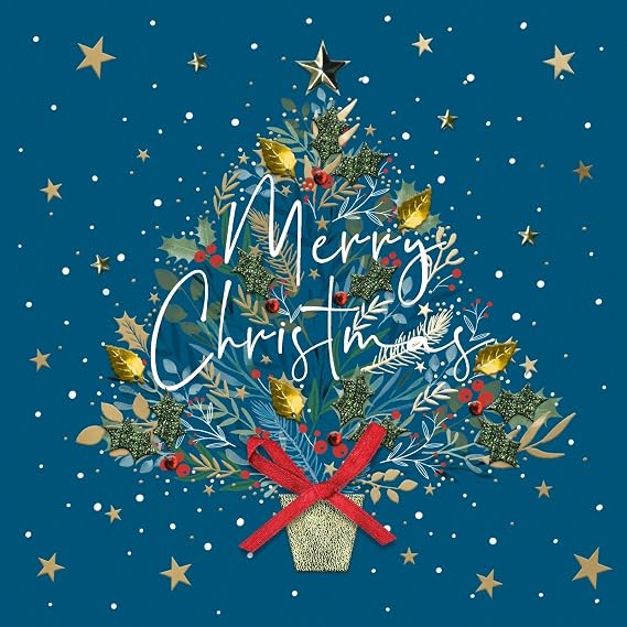 SECOND NATURE Hand-Finished Christmas Card Festive Xmas Tree Luxury Sparkle Range - Single Card Embossed Festive Scene, Easy Post, Gold Foil, Red Ribbon, Keepsake, Contemporary Design, Red Gems
