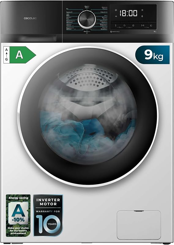 Cecotec Lavadora 9Kg Carga Frontal Bolero Dresscode 9500 Inverter A. 1900W, 1400 rpm, Motor Inverter Plus, Bajo Consumo, 16 Programas, SteamMax, Delay Start, Blanco [Clase de eficiencia energética A]