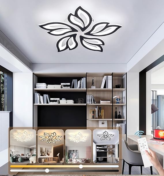 Modern LED Ceiling Light with Remote Control Dimmable Living Room Lamp Flush Mount Pendant Light Circular Acrylic Ceiling Lighting for Bedroom Dining Room Office (Black, 5 Heads 50W) [Energy Class C]