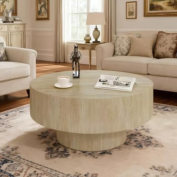 76CM Round Drum Coffee Table Modern Travertine Coffee Tables with Sturdy Pedestal, Circular Wood Center Table Circle Side Table for Living Room Apartment