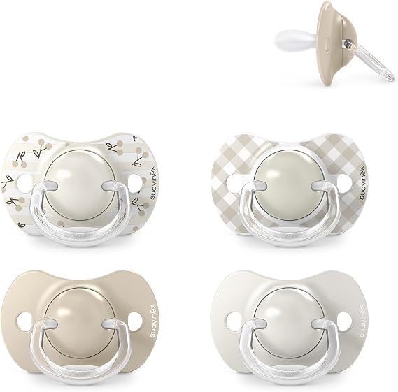Suavinex, Pack of 4 Pacifiers for Babies 0-6 Months and Newborns, with Silicone Physiological Teat SX Pro Symmetrical, Flat and Flexible, Respects Oral Development, Birdies and Wild&Free, Beige