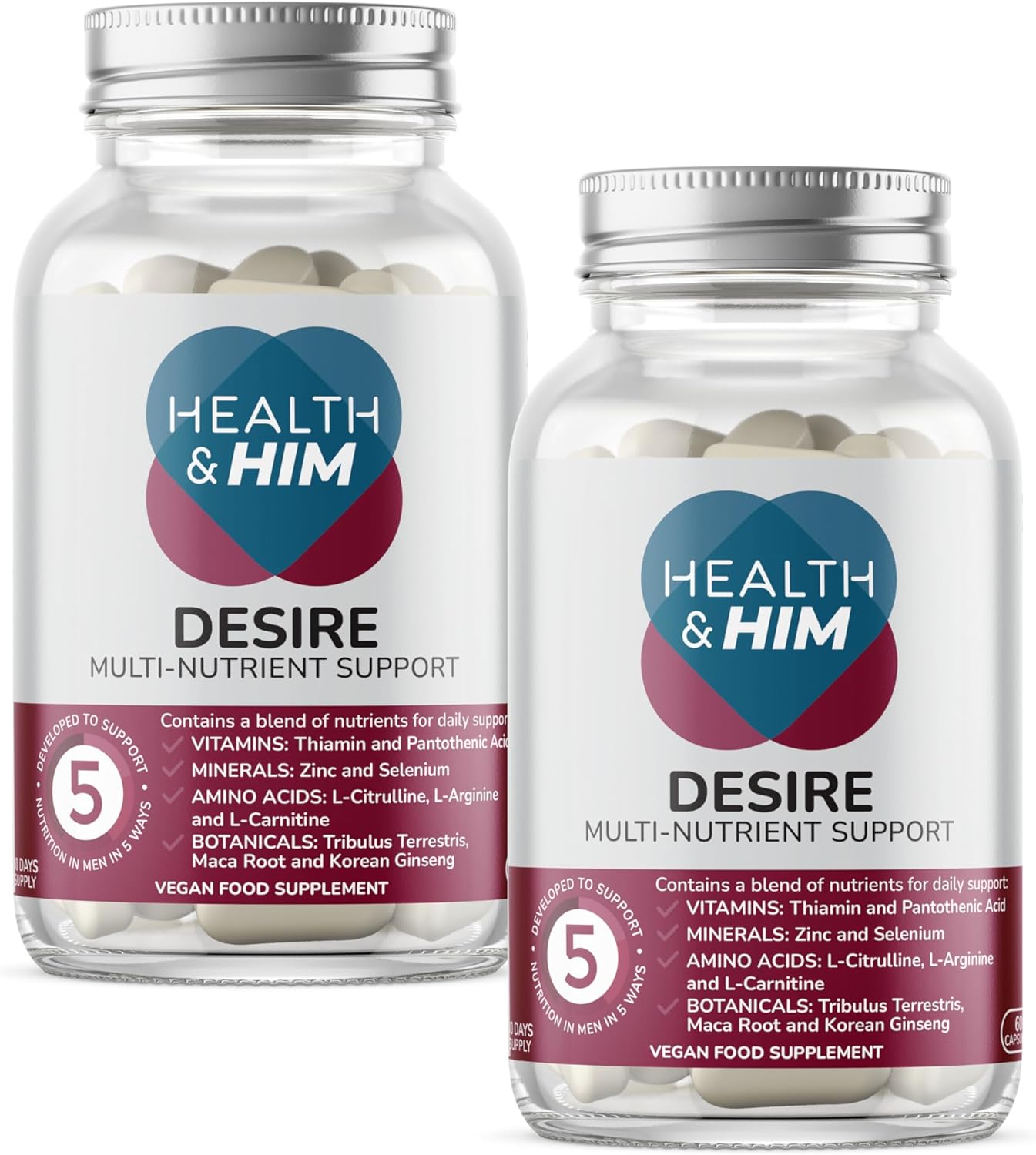 Health &amp; Him Desire Supplements for Men - 2 Months Supply of 60 Capsules - Supplements for Men with Maca Root &amp; Korean Ginseng - Vegan, Gluten-Free