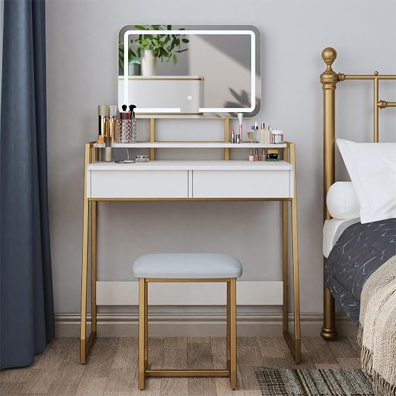 Mondeer Dressing Table with Mirror and Stool, Makeup Table, White and Gold