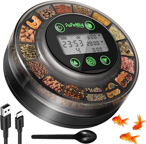 Papettly Automatic Fish Feeder for Aquarium - Rechargable Auto Food Dispenser for Tank with USB Cable & LCD Display, Timer Turtle Feeder for Weekend Holiday with Feeder Spoon