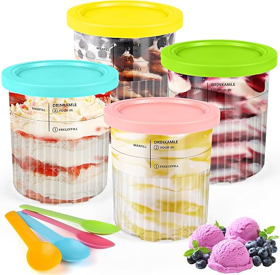 Diealles Shine Ice Cream Containers for Ninja Creami Deluxe Pints, 4 Pieces Ice Cream Container for NC501 NC500, Pint Containers with Lids, Dishwasher Safe