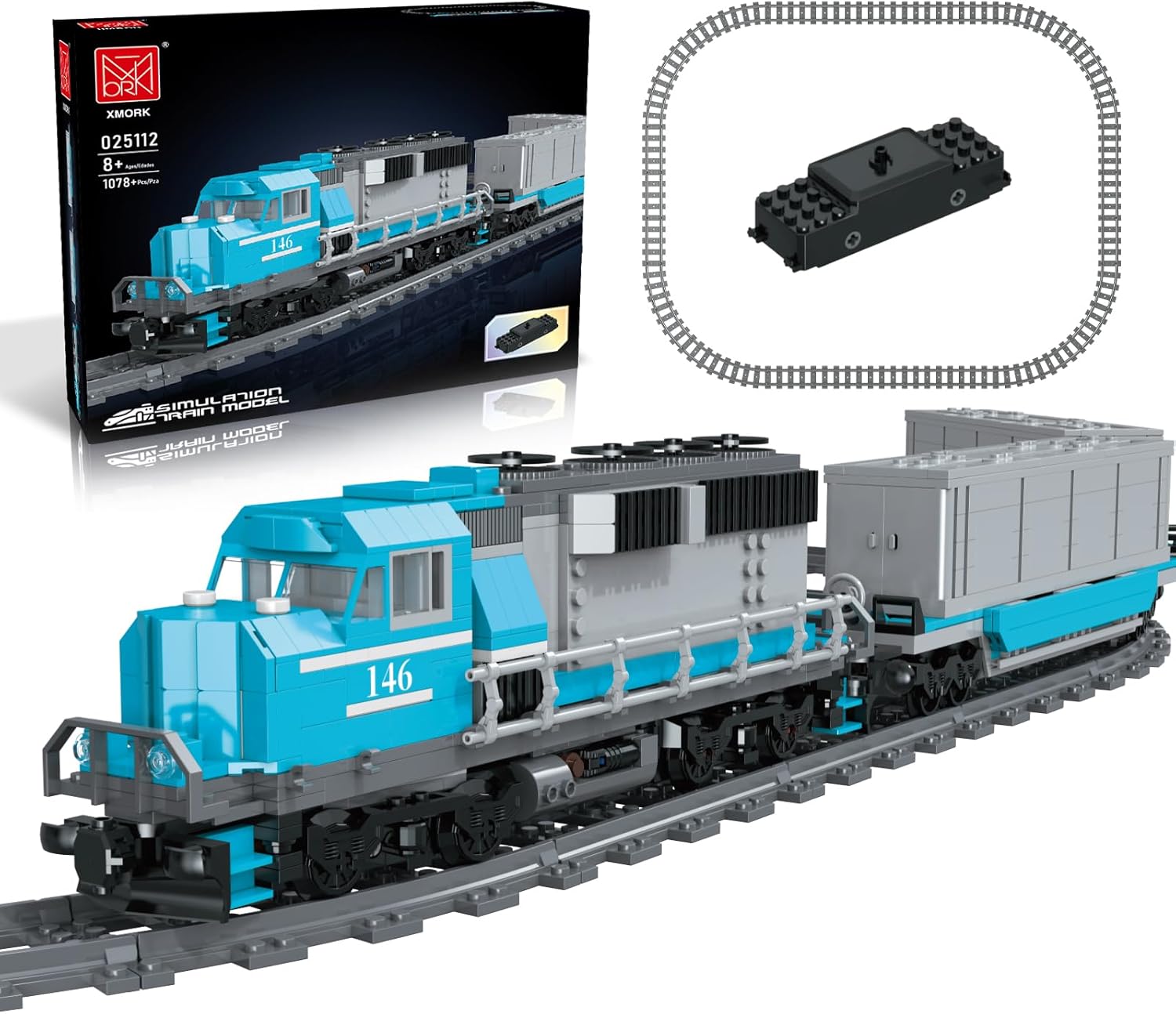 Train Building Block Set, Freight Cargo Internal Combustion Locomotive Model Building Toys, Gift for Kids Age 8Adult 1078 Pieces, with 32 Rails and Rechargeable Motor