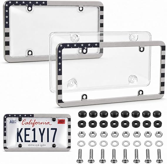 License Plate Cover with Frame, 2 Pieces Glossy Patriotic License Plate Frame with Free Screws Caps for Car Accessories with Screw Caps