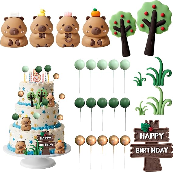 26Pcs Capybara Cake Topper, Jungle-Themed Birthday Cake Decorations Set with Trees, Grass and Colourful Balls
