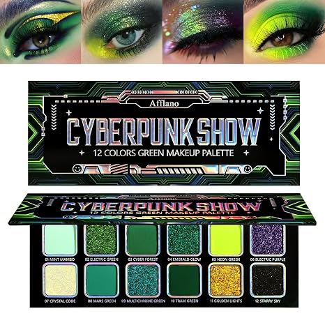 Afflano Multichrome Green Eyeshadow Palette Matte Shimmering Chrome Green Glitter Eyeshadow Yellow Blue Eyeshadow for Women Green Glitter Eye Make-Up Gothic Smokey Dark Green Eye Makeup