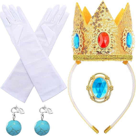 4 Pcs Princess Peach Costume Accessories, Princess Costumes with Crown/Earrings/Gloves/Brooch for World Book Day Fancy Dress, Dance Parties Role Play Princess Dress Up