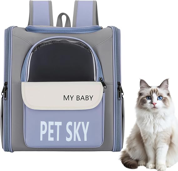 Cat Carrier Backpack, Breathable Pet Backpack for Cat & Small Dog 7 Kg, Foldable Cat Rucksack with Front Zipper Storage & Inner Safety Lead