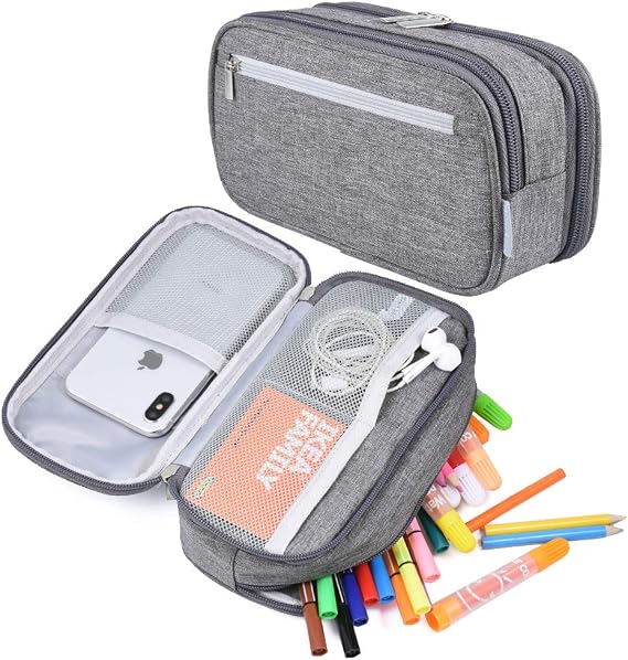 Large Pencil Case Big Capacity Pencil Cases for Boys Girls Teenage, High Storage Pencil Bag Pouch 3 Compartments School Office Stationary Organiser Holder Makeup Bag Adults Women Men, Grey