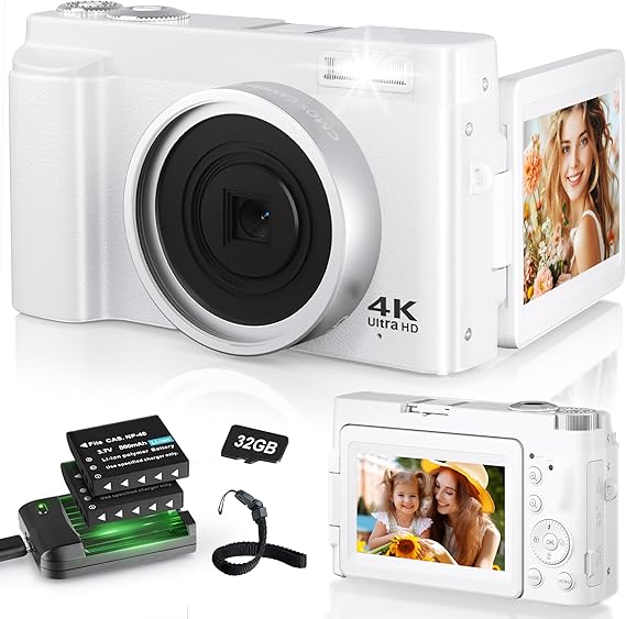 Digital Camera 4K 48MP 16X Autofocus Digital Zoom Photo Camera 3 Inch 180° Flip LCD Screen Compact Vlog Camera with Charging Station 2 x 800 mAh Batteries 32GB Card for Beginners Children