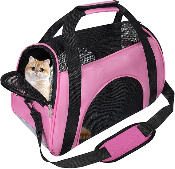 Soft Sided Portable Cat Carrier, Foldable Pet Travel Carriers Bag For Cats/Small Dog/Puppy With Shoulder Strap & Removable Mat,Comfort Cat Basket Airline Approved(Pink/Medium)