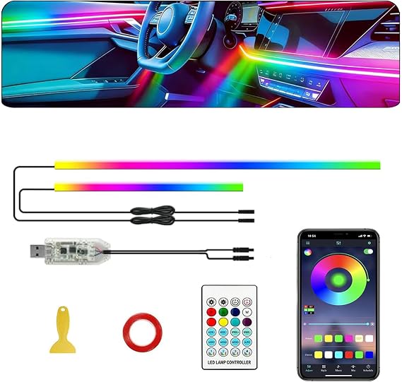 車内用LEDストリップライト、ダイナミックドリームカラーチェイシング付き車用アクリルLEDライト、57インチUSB 2 in 1 RGBネオンストリップ光ファイバーLEDアンビエント照明キット、リモートアプリ付き、車内装飾用
