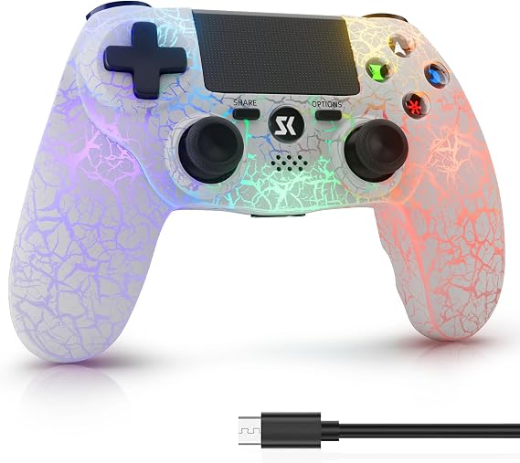 Controller for PS4, Wireless Controller White for Sony PlayStation 4/Pro/Slim, Remote Control with Adjustable RGB Light/1000mAh Battery/6-Axis Motion Sensor/Double Vibration/Speaker/3.5mm Audio Jack