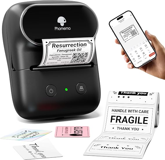 Phomemo M108 Label Maker Machine, Bluetooth Label Printer for Small Business, Home, Office, 2 Inch Barcode Label Printer with 300+ Templates, Address Label Printer for Address, Logo, Clothing, Black