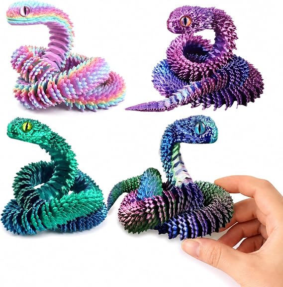 4PCS 3D Printed Snake, Flexible Articulated Snake Models in Holographic and Candy Colours for Display and Collecting