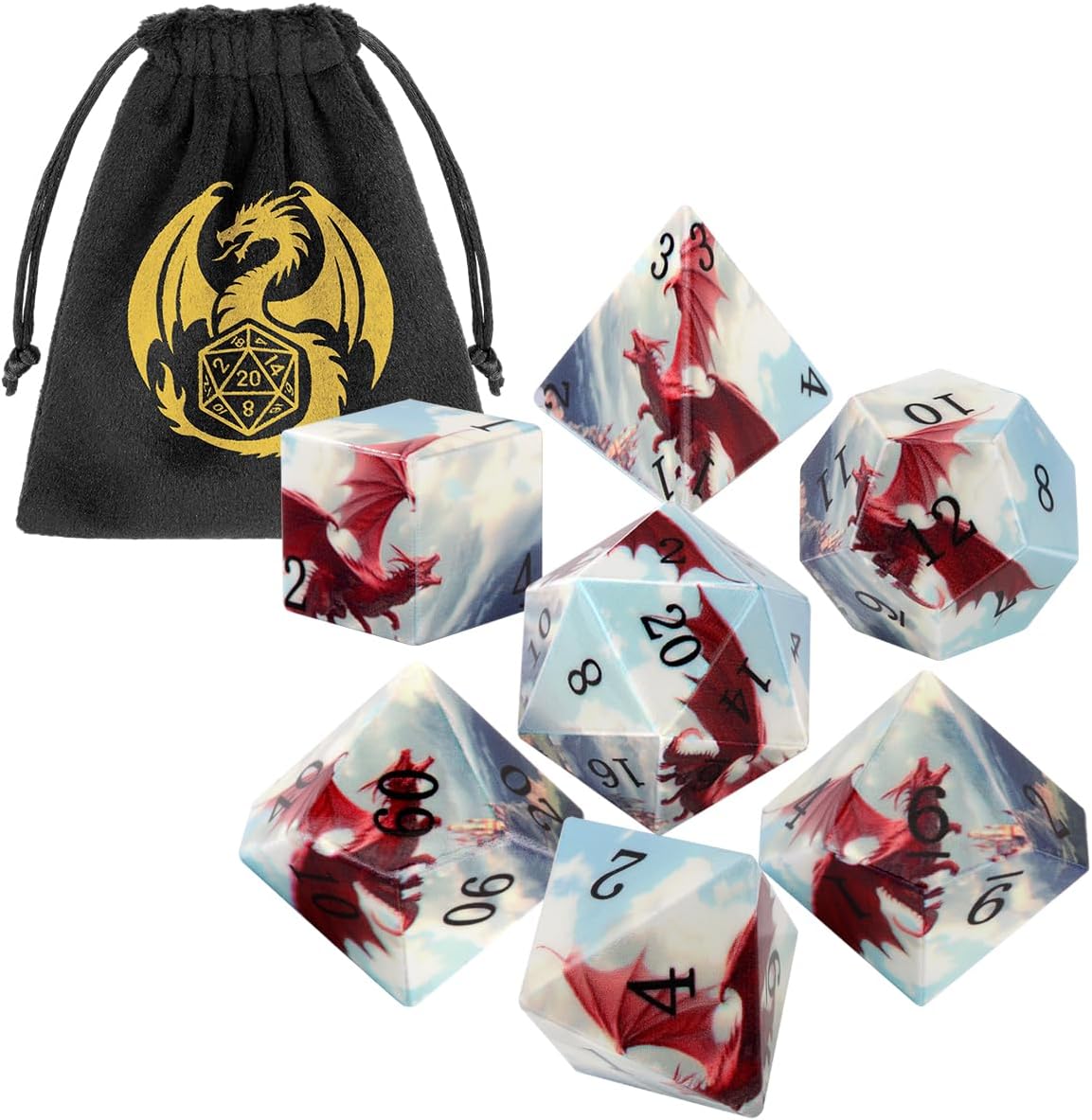 Red Dragon Dice Set, 7Pcs Polyhedral DND Dice, Fantasy Tabletop Game Accessories, DND Starter Set with Gift Bag, UV Printing, Dragon Gifts for Men Women, D&D Gifts for Player