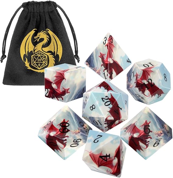 DND Dice Set, Dragon Theme Dice Set, UV Printed, Resin Material, DND Starter Set, 7pcs Polyhedral Dice Set with Dice Bag, Role Playing Board Games Accessories