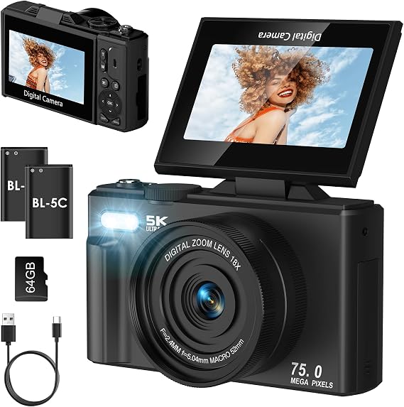 LAMA 5K 75MP Digital Camera with Autofocus & 180° Flip Screen, 64G SD Card