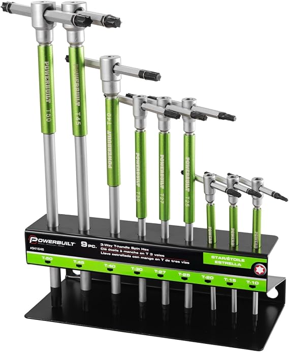 Powerbuilt 9 Pc Torx Star T-Handle Hex Allen Key Wrench Set w/Speed Sleeves for Fast Spinning Action, Sliding Top Handle for “T” or “L” Shape, Long Shafts, Storage Rack, Auto, Bicycle, Moto - 941646