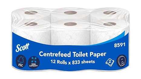 Scott Control Centrefeed Toilet Tissue 8591-2 Ply Toilet Paper - 12 Toilet Rolls x 833 Toilet Paper Sheets (9,996 Total)