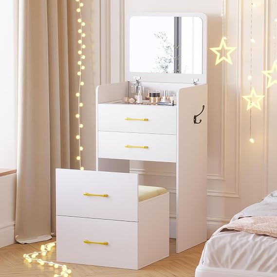 3 in 1 White Dressing Table With Mirror And Stool, Flip Up Mirror Vanity Desk, Modern Glass Top Compact Makeup Table Set with 3 Drawers for Girl Bedroom