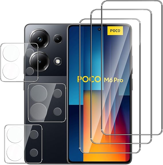 [3+3 Pack Screen Protector for Xiaomi Poco M6 Pro 4G,Scratch Resistant,2.5D curved edges,9H Hardness,HD Clear，Case Friendly