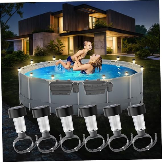 Pool Lights for Above Ground Pool, Six Pack Waterproof LED Solar Lights with Adjustable Band, Warm Glow for Chain Link Fence Yard Pathway Outdoor [Energy Class A]