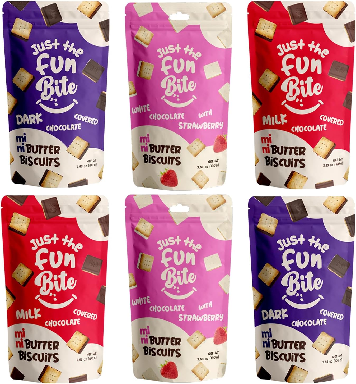 Just The Fun Bite Mini Butter Chocolate Biscuits Bites Variety Pack of 6x100g - Chocolate Biscuits Multipack, White Chocolate with Strawberry, Dark Chocolate, Milk Chocolate Cookies for Kids, Adults