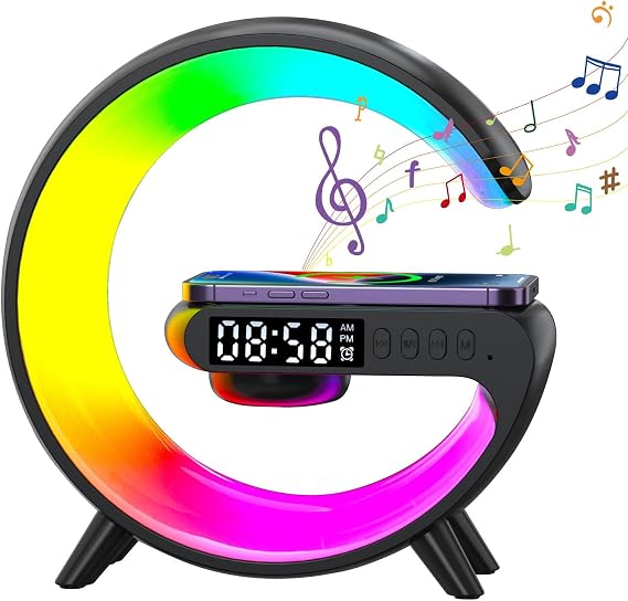 G Shaped Wireless Charger,G-Shaped Bedside Lamp,Wireless Charging Station with Bluetooth Speaker, RGB Dimmable Atmosphere Lamp Light, Bedside Lamp with Alarm Clock & Charging Function,Gifts (Black) [Energy Class A]