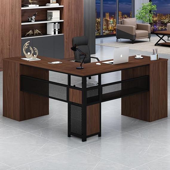 HSH L-Shaped Executive Desk with Drawers, Home Office, Metal-Wood, Computer Desk for Work and Study, Rustic Walnut, File Drawer