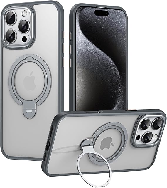 Case for iPhone 16 Pro Max/16 Pro/16 Plus/16, Compatible with MagSafe Soft TPU Bumper Translucent Matte Back Slim Fit Case with 360° Rotatable Invisible Stand