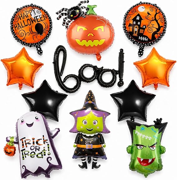 10 Pcs Halloween Boo Foil Balloons Set, XXL Ghost Spider Pumpkin Witch Monster Orange Black Star Round Foil Mylar Balloon Kit for Kids Happy Halloween Night Trick or Treat Party Decorations Supplies
