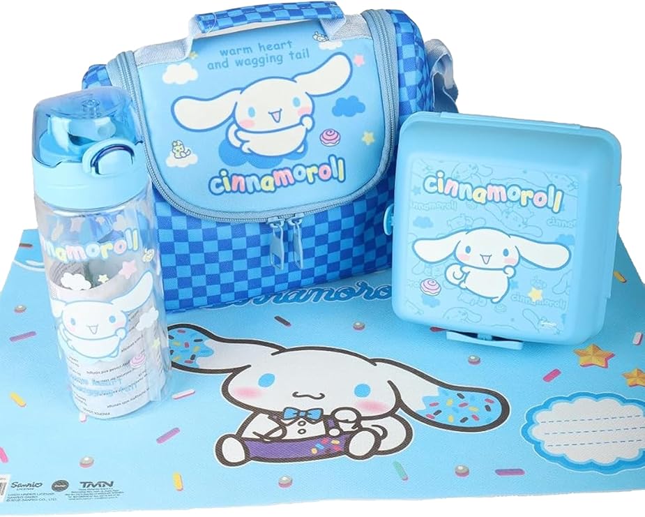 x Dekomus Lisanslı Cinnamoroll Blue Cloud Collection Termoslu Beslenme Çantası,Beslenme Kabı,Matara ve Beslenme Örtüsü Seti
