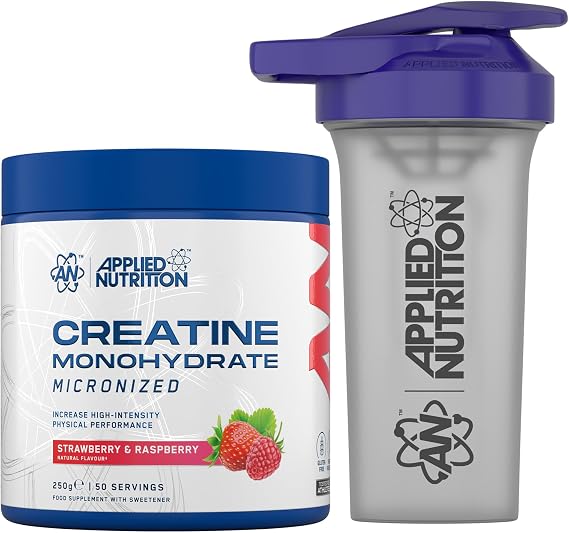 Applied Nutrition Creatine + 700ml Shaker | Creatine Monohydrate Micronized Powder with Flavour, Increases High-Intensity Physical Performance (250g - 50 Servings) (Strawberry & Raspberry)