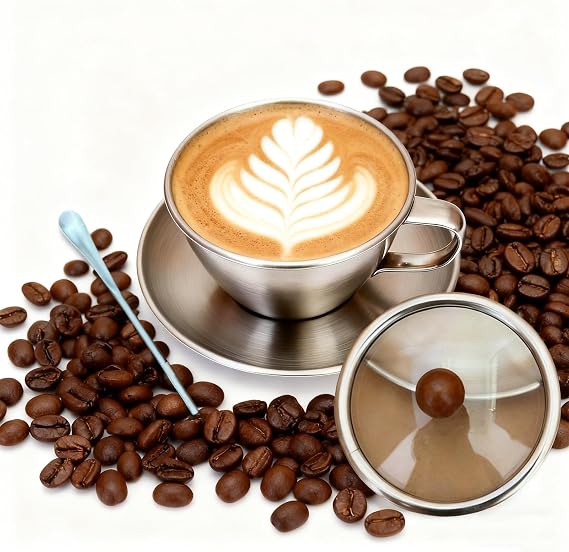 Coffee Cup Set Made of Stainless Steel 300 ml Stainless Steel Coffee Cup Saucer Metal Espresso Cup with Spoon and Transparent Cup Lid for Coffee Latte Cappuccino Unbreakable