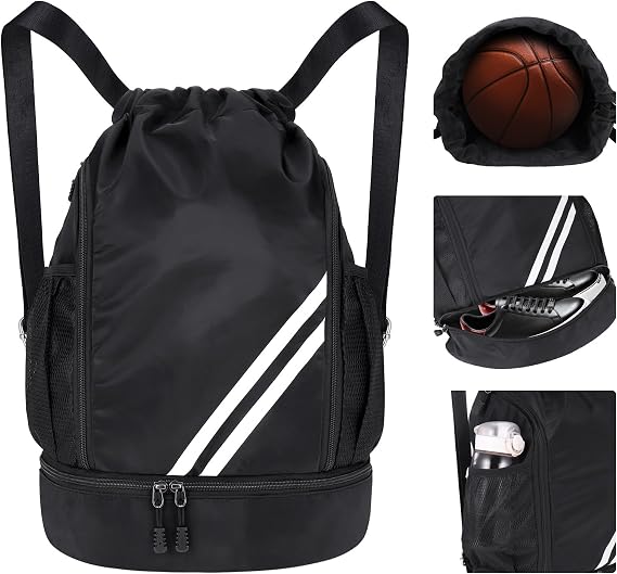 Drawstring Gym Backpack, Waterproof Sports Bag with Shoe Compartment, Large Capacity Gym Bag, Black PE Bags, Sorts Backpacks for Men Women, Durable Drawstring Backpack for Football, Swimming, Holiday